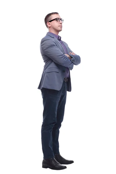 白い背景を背景に腕を組んで自信のあるビジネスマンの側面図 — ストック写真