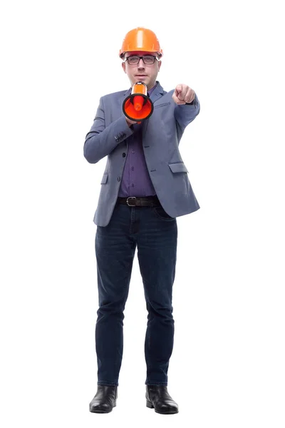 Engineer man, construction worker holding a megaphone. Concept expressing success and positive — Stock Photo, Image