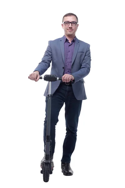 Full length portrait of young businessman standing with scooter — Stock Photo, Image