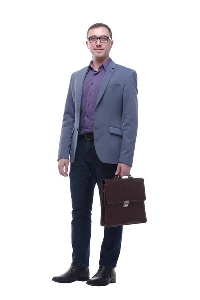 Full-length portrait of businessman handing briefcase, isolated on white — Stock Photo, Image
