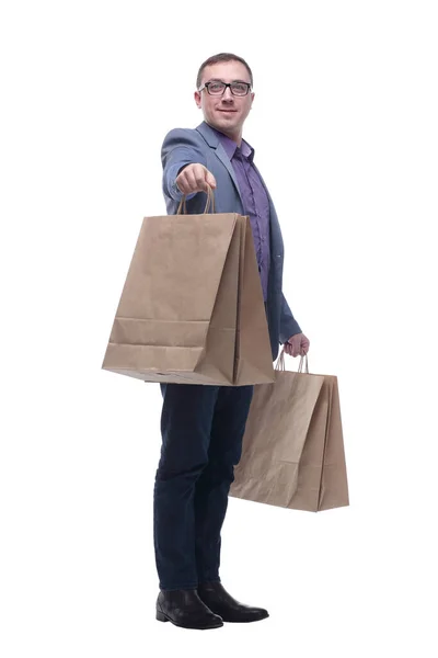 Picture of handsome smiling man in suit with shopping bags — Stock Photo, Image