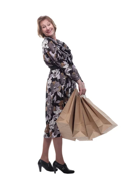 Retrato de mulher idosa feliz posando com seu saco de compras — Fotografia de Stock