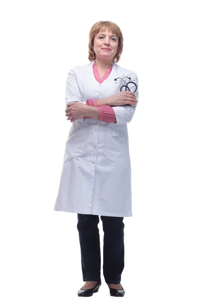 Doctor woman crossed her arms one hand holding a stethoscope — Stock Photo, Image