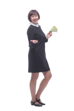 Tam gelişim. Bir tomar banknotu olan genç bir iş kadını..