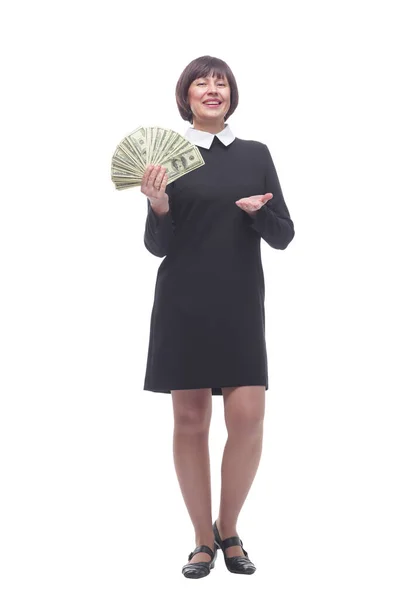 Mujer de negocios feliz mostrando un paquete de billetes . — Foto de Stock