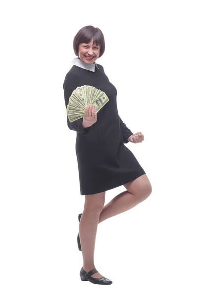 Mujer de negocios exultante con un paquete de billetes . — Foto de Stock