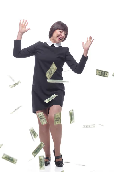 Gelukkige zakenvrouw dansend in de regen van bankbiljetten. — Stockfoto