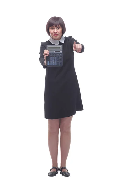 In piena crescita. felice giovane donna d'affari che mostra calcolatrice. — Foto Stock