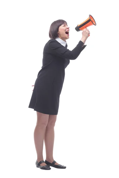 Young business woman shouts through a megaphone. — Stock Photo, Image