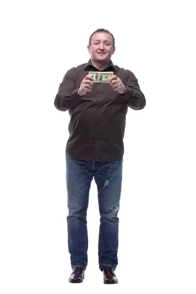 Sorrindo homem com um maço de notas de dólar . — Fotografia de Stock
