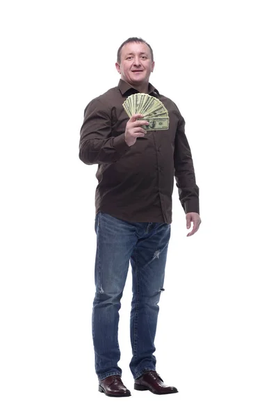 Em pleno crescimento. sorrindo homem com um fã de notas de dólar . — Fotografia de Stock