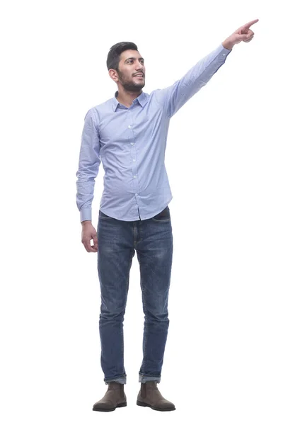Casual young man pointing at a white blank screen. — Stock Photo, Image