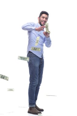 Tam gelişim. Banknotları olan neşeli bir adam .