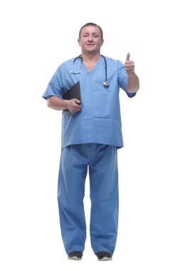 Tam gelişim. gülümseyen doktor panoda başparmaklarını gösteriyor..