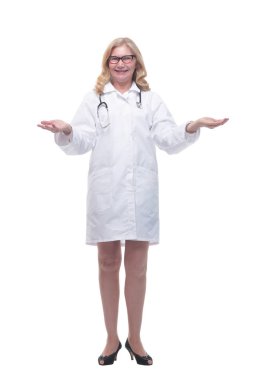 Dost canlısı kadın doktor seni selamlıyor. beyaz arkaplanda izole edilmiş.