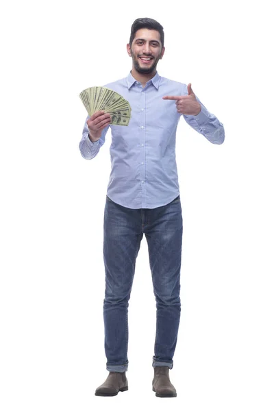 En pleno crecimiento. hombre feliz con un fan de billetes de dólar . — Foto de Stock