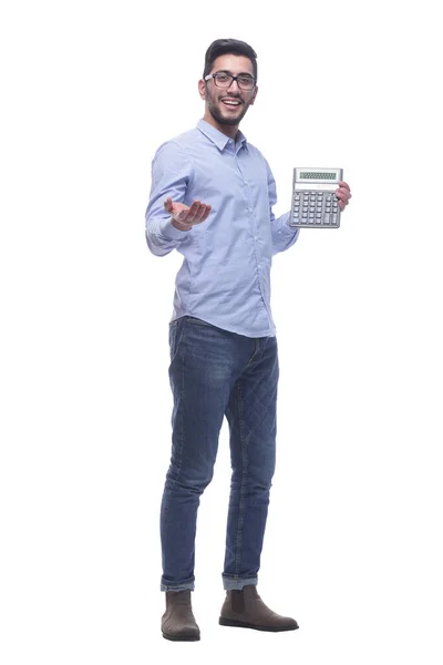 V plném růstu. chytrý mladý muž s kalkulačkou . — Stock fotografie