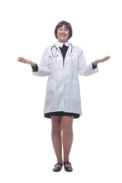 Full tillväxt. ung kvinna läkare med stetoskop. — Stockfoto