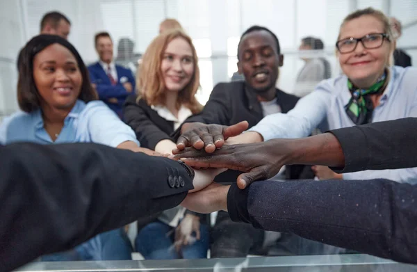 Groep van diverse medewerkers die hun handpalmen bundelen over het bureaublad. — Stockfoto