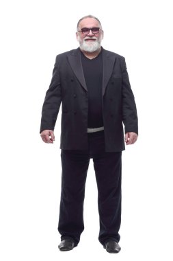 Hediye kutusu olan mutlu bir iş adamı. beyaz arkaplanda izole edilmiş.