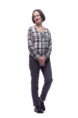 Tam gelişim. Ekose gömlekli çekici olgun bir kadın..