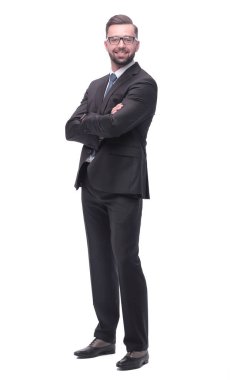 Tam boy. Takım elbiseli başarılı bir genç.