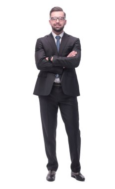 Tam boy. Takım elbiseli başarılı bir genç.