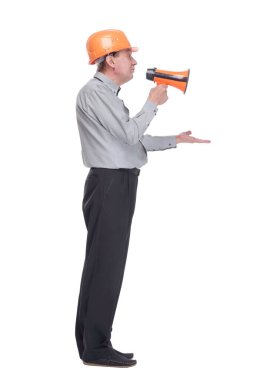 Yan görünüş. kıdemli mimar megafonla bir duyuru yapıyor. .