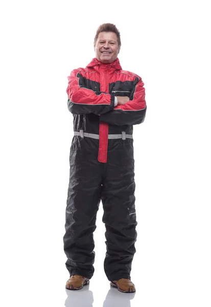 Happy man in winter insulated overalls. isolated on a white — Stock Photo, Image