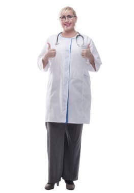 Dost canlısı bayan doktor onaylıyor. bir beyaz üzerinde izole