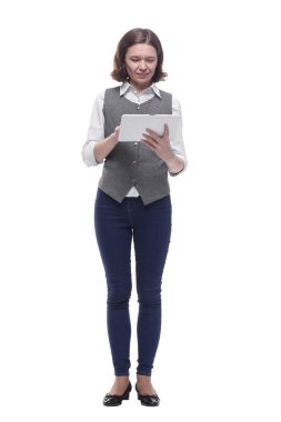 dijital tabletli çekici olgun kadın.