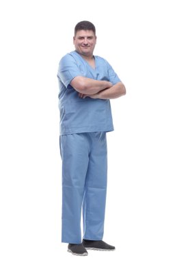 Mavi üniformalı erkek doktor. bir beyaz üzerinde izole