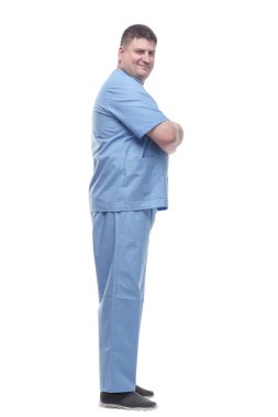 Yan görünüş. Mavi üniformalı bir erkek doktor. .