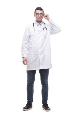 Tam gelişim. Steteskopu olan başarılı bir erkek doktor. .