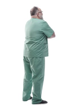 Yan görünüş. Kopyalama alanına bakan olgun bir doktor.