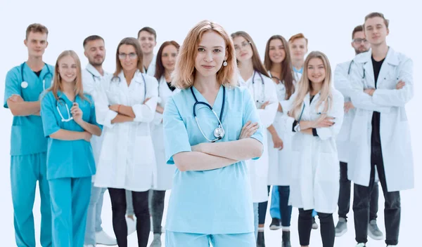 Top view. a group of smiling doctors pointing at you. — Stock Photo, Image