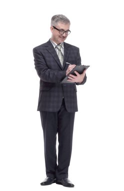 Tam gelişim. İş adamı panoya kayıt yapıyor..