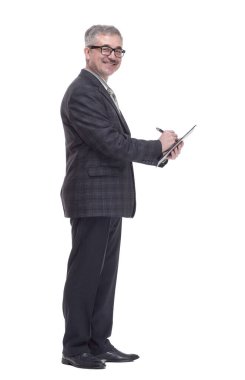 Tam gelişim. İş adamı panoya kayıt yapıyor..