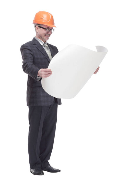 qualified architect holds a new drawing. isolated on a white