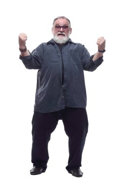 Mutlu sakallı adam baş parmağını kaldırıyor. beyaz arkaplanda izole edilmiş.