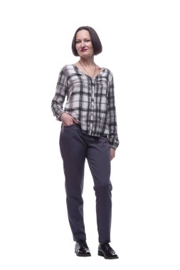 Rahat giyinen kendine güvenen olgun bir kadın. beyaz arkaplanda izole edilmiş.