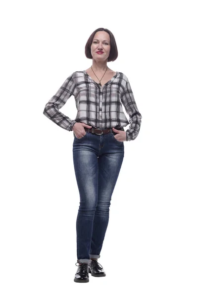 Mujer atractiva en jeans y una camisa a cuadros . — Foto de Stock