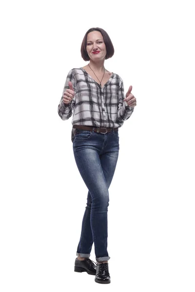 Atrakcyjna Dojrzałe kobieta w dżinsy pokazując kciuki w górę — Zdjęcie stockowe