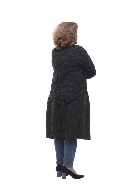Rear view. casual woman looking at a large white screen — Stock Photo, Image