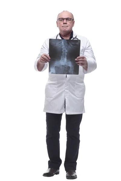 Dalam pertumbuhan penuh. Dokter dengan hati-hati melihat sinar X paru-paru. — Stok Foto