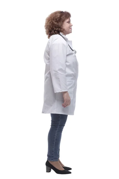 Side view. confident woman doctor looking at a white screen. — Stock Photo, Image