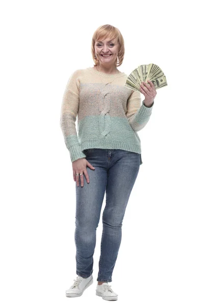 Aantrekkelijke casual vrouw met een fan van bankbiljetten. — Stockfoto