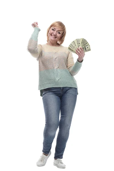 Attractive casual woman with a fan of banknotes. — Stock Photo, Image