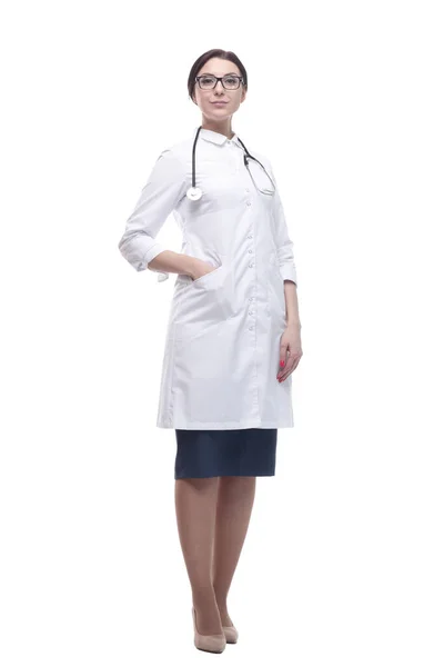 I full tillväxt. säker kvinnlig läkare med stetoskop. — Stockfoto