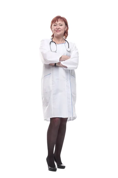 In full growth. successful female doctor with a stethoscope. — Stock Photo, Image